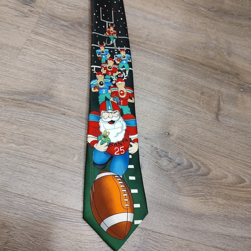 Santa Reindeer Football Christmas Tie 60x3 1/2"‎ Festive Goal Green Black White
